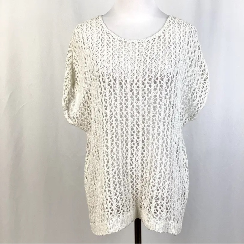 J. Jill White Linen Blend Short Sleeve Open Crochet Sweater Size Large